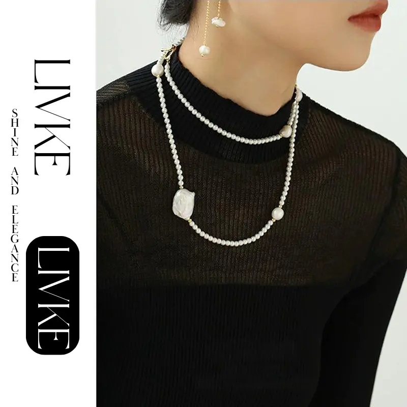 LIVKE’s gold baroque pearl necklace styled in three ways: as a choker, layered chains, and wrapped bracelet for boho versatility.