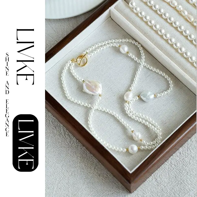 LIVKE’s gold baroque pearl necklace styled in three ways: as a choker, layered chains, and wrapped bracelet for boho versatility.
