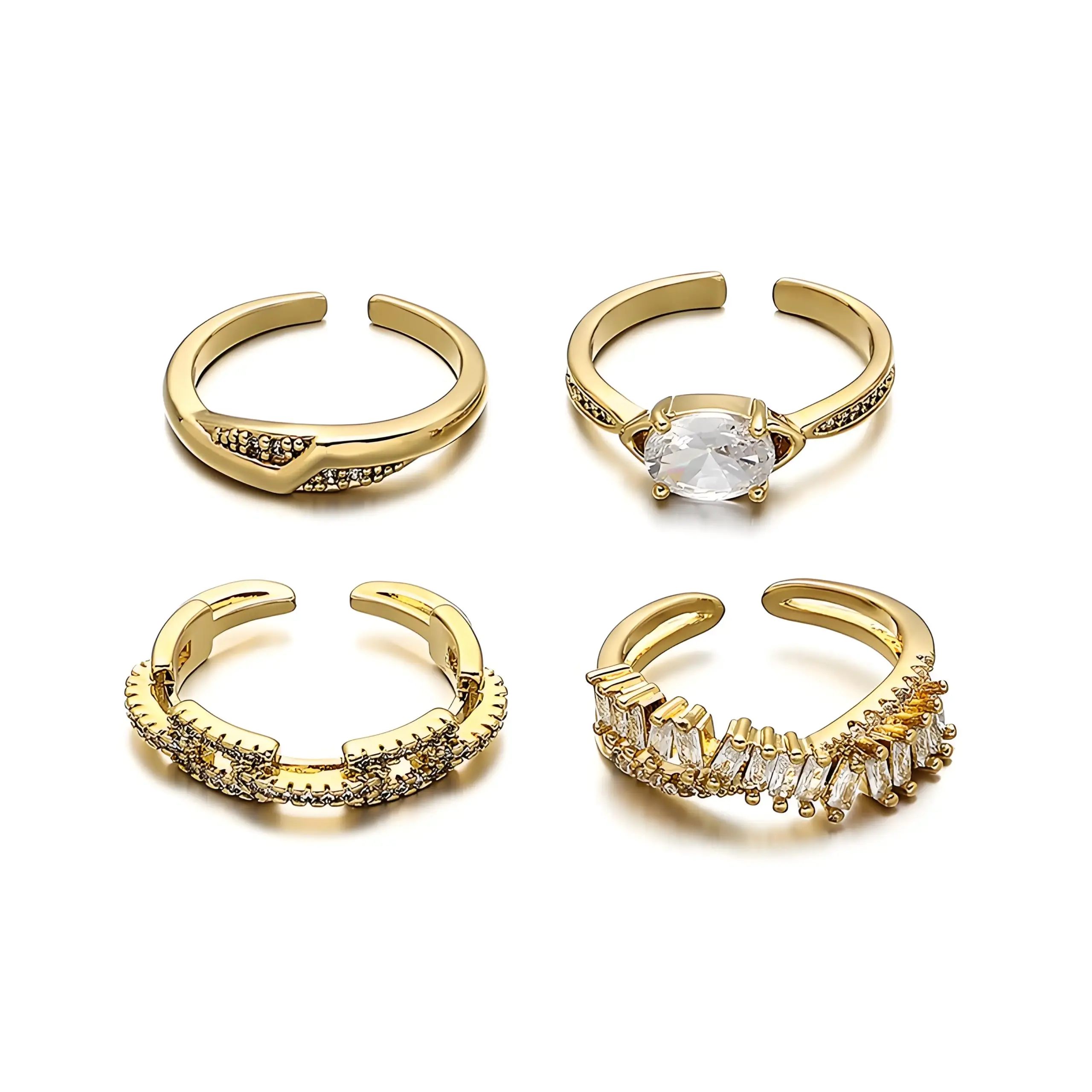 LIVKE’s gold open ring with cubic zirconia, stacked with silver bands for urban minimalist style.