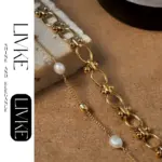 18K Gold Freshwater Pearl Bracelet 4 LIVKE’s gold freshwater pearl bracelet styled three ways: wrist, layered, and ankle chain for versatile elegance.