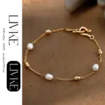 18K Gold Freshwater Pearl Bracelet 3 LIVKE’s gold freshwater pearl bracelet styled three ways: wrist, layered, and ankle chain for versatile elegance.