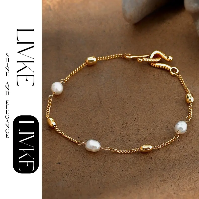 livke-18k-gold-pearl-adjustable-bracelet (3) LIVKE’s gold freshwater pearl bracelet styled three ways: wrist, layered, and ankle chain for versatile elegance.