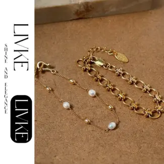 LIVKE’s gold freshwater pearl bracelet styled three ways: wrist, layered, and ankle chain for versatile elegance.