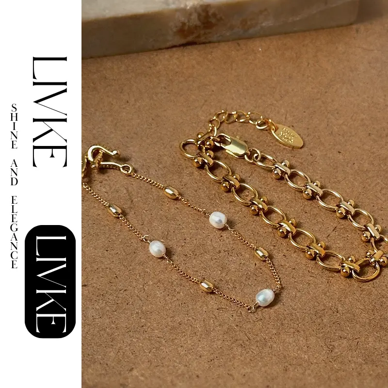 livke-18k-gold-pearl-adjustable-bracelet LIVKE’s gold freshwater pearl bracelet styled three ways: wrist, layered, and ankle chain for versatile elegance.