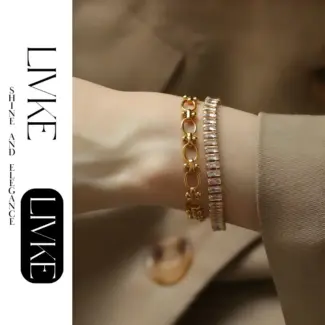 LIVKE’s gold bold chain bracelet with cubic zirconia, styled with a blazer and watch for power office elegance.