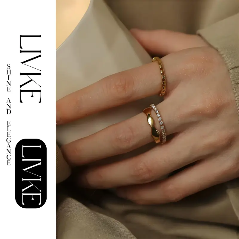LIVKE’s gold vintage chain ring with zirconia details, stacked with minimalist bands for office-ready elegance.