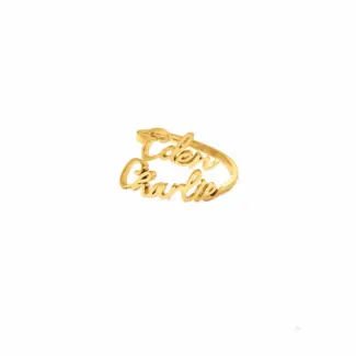 Personalized open-ended couple rings with engraved names "Alex & Sam" in 18K gold.