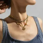 18K Gold-Plated Brass Natural Stone Necklace 2 Adjustable LIVKE brass necklace with amethyst and turquoise beads layered over linen dress for bohemian everyday style.