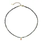 18K Gold-Plated Brass Natural Stone Necklace 3 Adjustable LIVKE brass necklace with amethyst and turquoise beads layered over linen dress for bohemian everyday style.