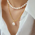 18K Gold Plated Pearl Pendant Necklace 3 Woman wearing LIVKE braided gold chain pearl necklace with tailored blouse, showcasing minimalist office jewelry