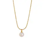 18K Gold Plated Pearl Pendant Necklace 1 Woman wearing LIVKE braided gold chain pearl necklace with tailored blouse, showcasing minimalist office jewelry