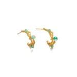18K Gold Plated Vine Earrings 1 Woman wearing LIVKE gold vine earrings with green gemstones at outdoor garden party, showcasing organic luxury jewelry