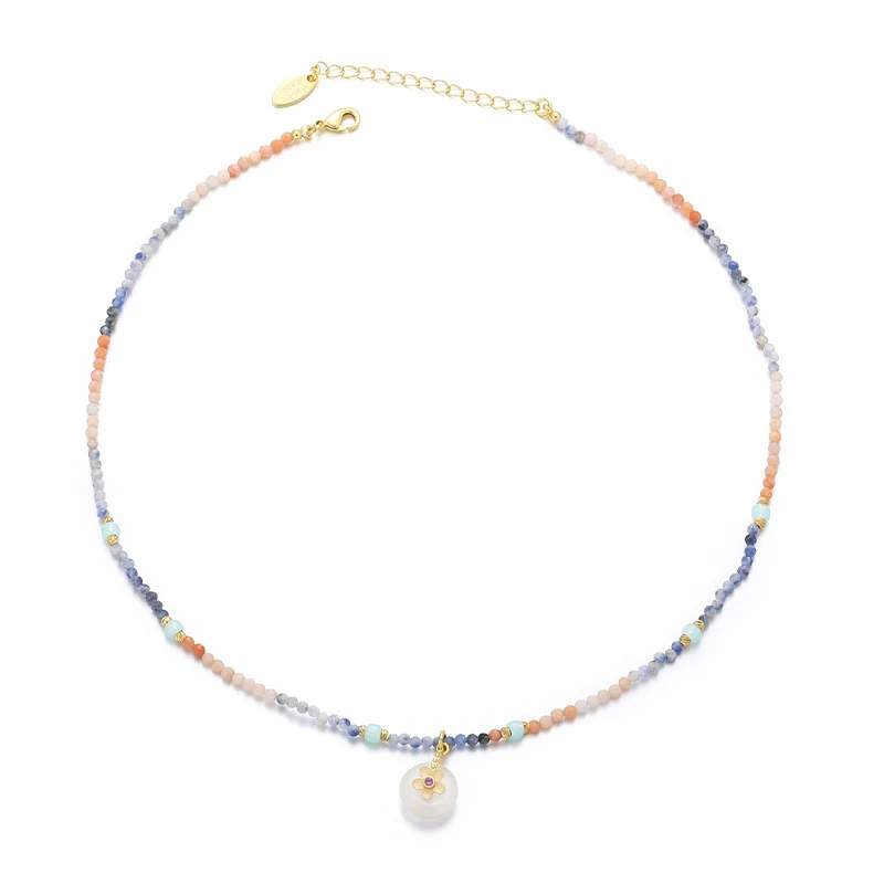 Woman in hanfu wearing LIVKE floral crystal necklace, blending traditional Chinese aesthetics with modern minimalist jewelry