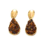 Tiger Eye Teardrop Earrings 1 Woman wearing LIVKE teardrop tiger eye earrings with tailored blazer, showcasing minimalist office jewelry with natural stone accents