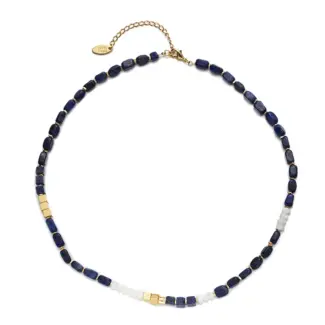 Woman wearing LIVKE lapis lazuli and gold beaded necklace with tailored black dress, showcasing mysterious yet elegant office-to-event jewelry