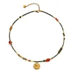 18K Gold Round Beaded Necklace 1 Woman wearing LIVKE cubic zirconia sweater necklace with knitwear and blazer, showcasing versatile minimalist jewelry for work and casual outfits