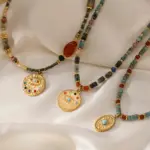 18K Gold Round Beaded Necklace 4 Woman wearing LIVKE cubic zirconia sweater necklace with knitwear and blazer, showcasing versatile minimalist jewelry for work and casual outfits