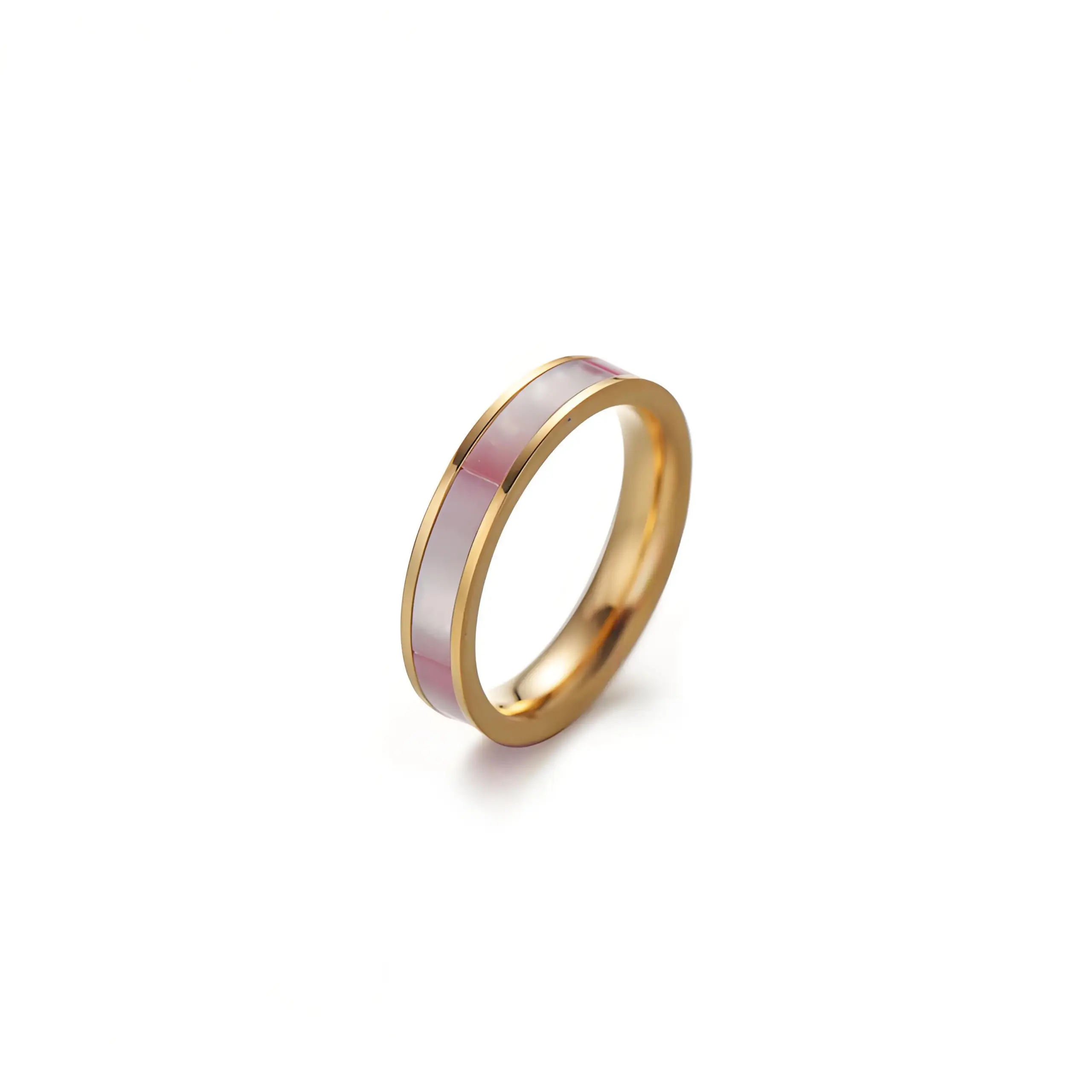 LIVKE 18K gold-plated mother-of-pearl rings in three colors (white/pink/grey) stacked on finger with minimalist outfits