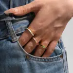 LIVKE 18K gold-plated mother-of-pearl rings in three colors (white/pink/grey) stacked on finger with minimalist outfits