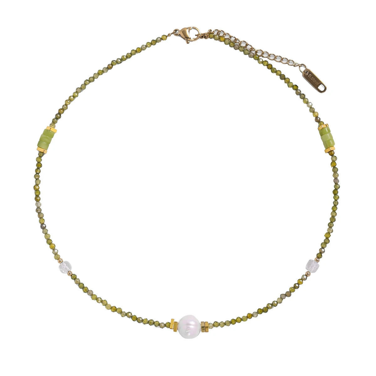 Woman wearing LIVKE pearl and green beaded necklace with silk blouse, showcasing minimalist jewelry for work and evening events