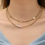 Natural Freshwater Pearl & Green Beaded Necklace 3 Woman wearing LIVKE pearl and green beaded necklace with silk blouse, showcasing minimalist jewelry for work and evening events