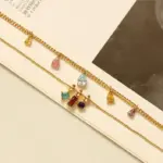 Rainbow Prismatic Zirconia Pendant Necklace 3 Woman wearing LIVKE multicolor zirconia necklace transitioning from office blazer to cocktail dress, showcasing prismatic jewelry for versatile styling