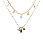 Rainbow Prismatic Zirconia Pendant Necklace 4 Woman wearing LIVKE multicolor zirconia necklace transitioning from office blazer to cocktail dress, showcasing prismatic jewelry for versatile styling