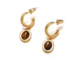 Celestial Tiger Eye Drop Earrings 4 Layered 18K gold-plated tiger eye earrings with red/black/brown stone pendants on terrazzo backdrop, styled with leather cord necklaces
