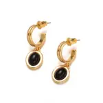 Celestial Tiger Eye Drop Earrings 1 Layered 18K gold-plated tiger eye earrings with red/black/brown stone pendants on terrazzo backdrop, styled with leather cord necklaces