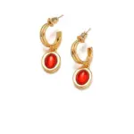 Celestial Tiger Eye Drop Earrings 5 Layered 18K gold-plated tiger eye earrings with red/black/brown stone pendants on terrazzo backdrop, styled with leather cord necklaces