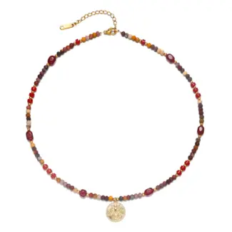 LIVKE surgical steel necklace with red agate and turquoise beads, layered with minimalist chains for boho-chic styling