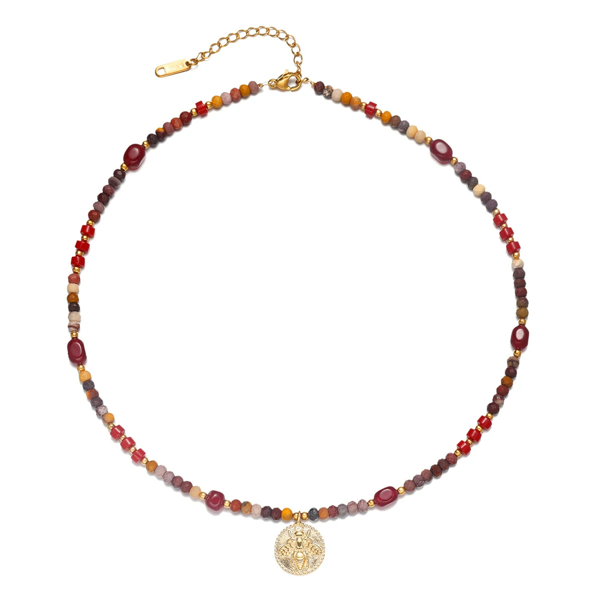 LIVKE surgical steel necklace with red agate and turquoise beads, layered with minimalist chains for boho-chic styling