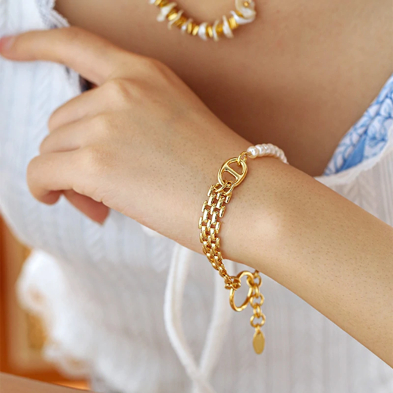 18K gold plated chain bracelet with white freshwater pearls, perfect for minimalist jewelry stacking and meaningful gifts for women