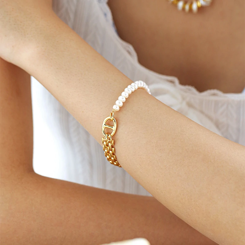 18K gold plated chain bracelet with white freshwater pearls, perfect for minimalist jewelry stacking and meaningful gifts for women