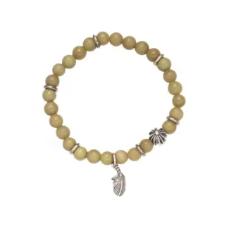 Olive green aventurine bead bracelet with silver feather charm and floral spacer beads, designed for spiritual healing and crystal energy jewelry lovers