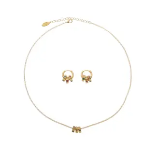 Red and green cubic zirconia tri-ring jewelry set with detachable ear cuffs, perfect for cyberpunk fashion and festival rave accessories